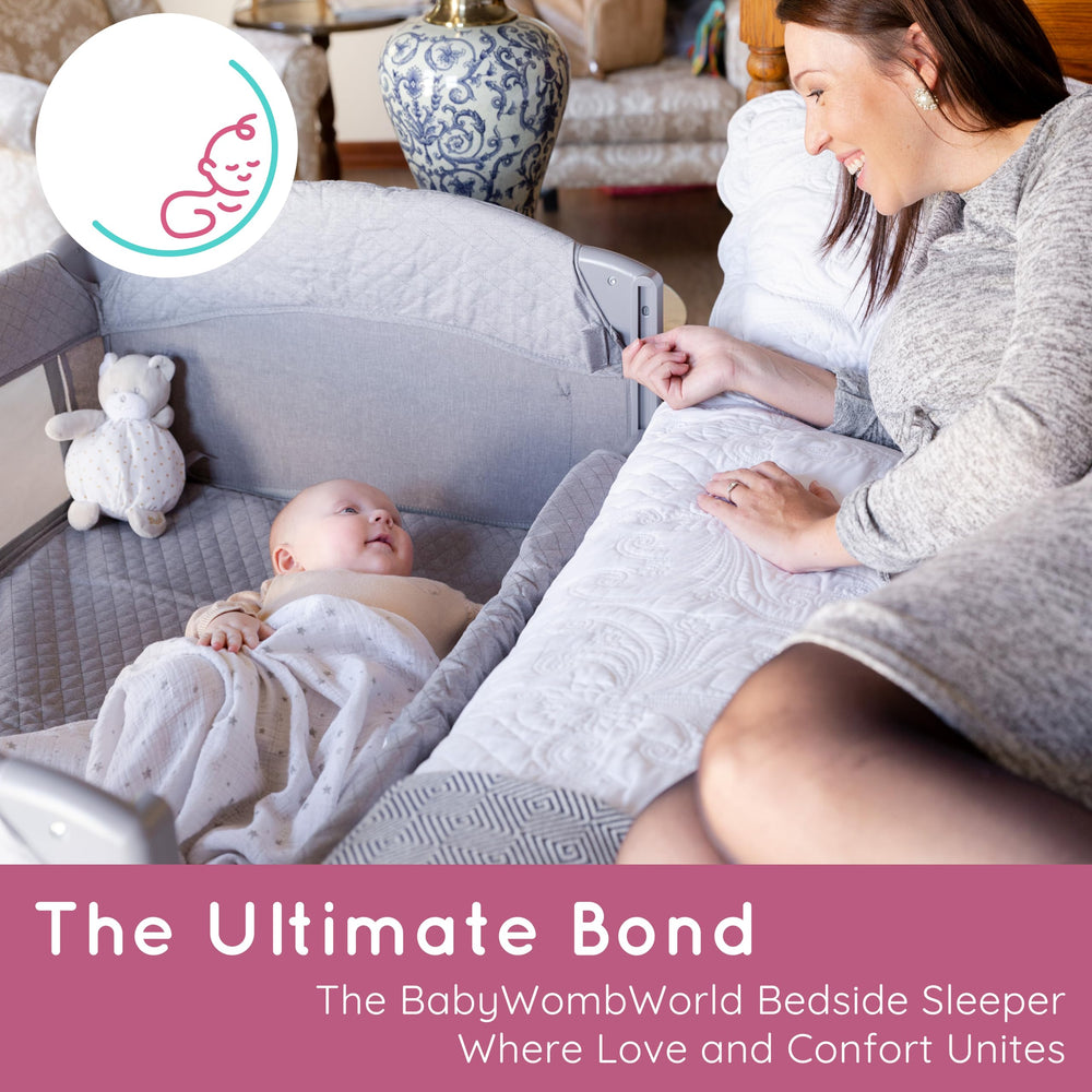 BabyWombWorld bassinet storage compartments keep diapers and toys within reach.