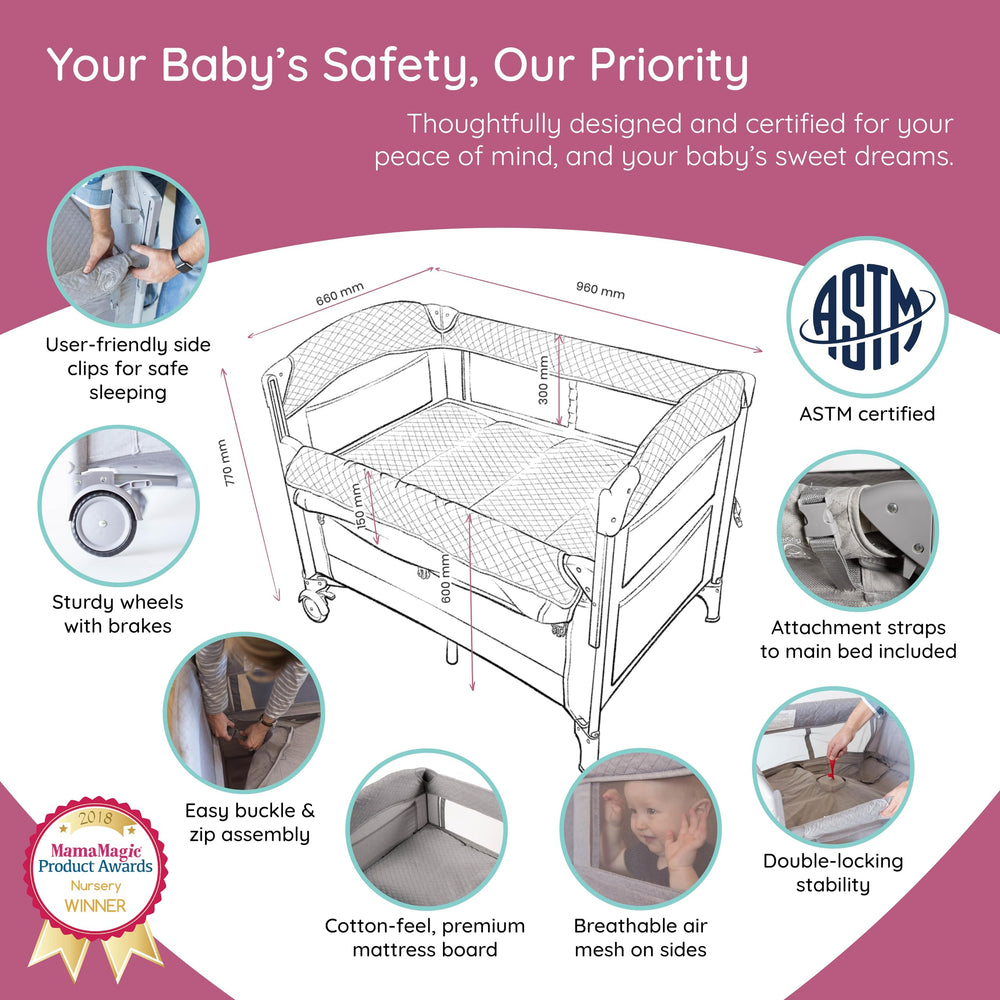 BabyWombWorld bassinet wheels portable design for mobility.