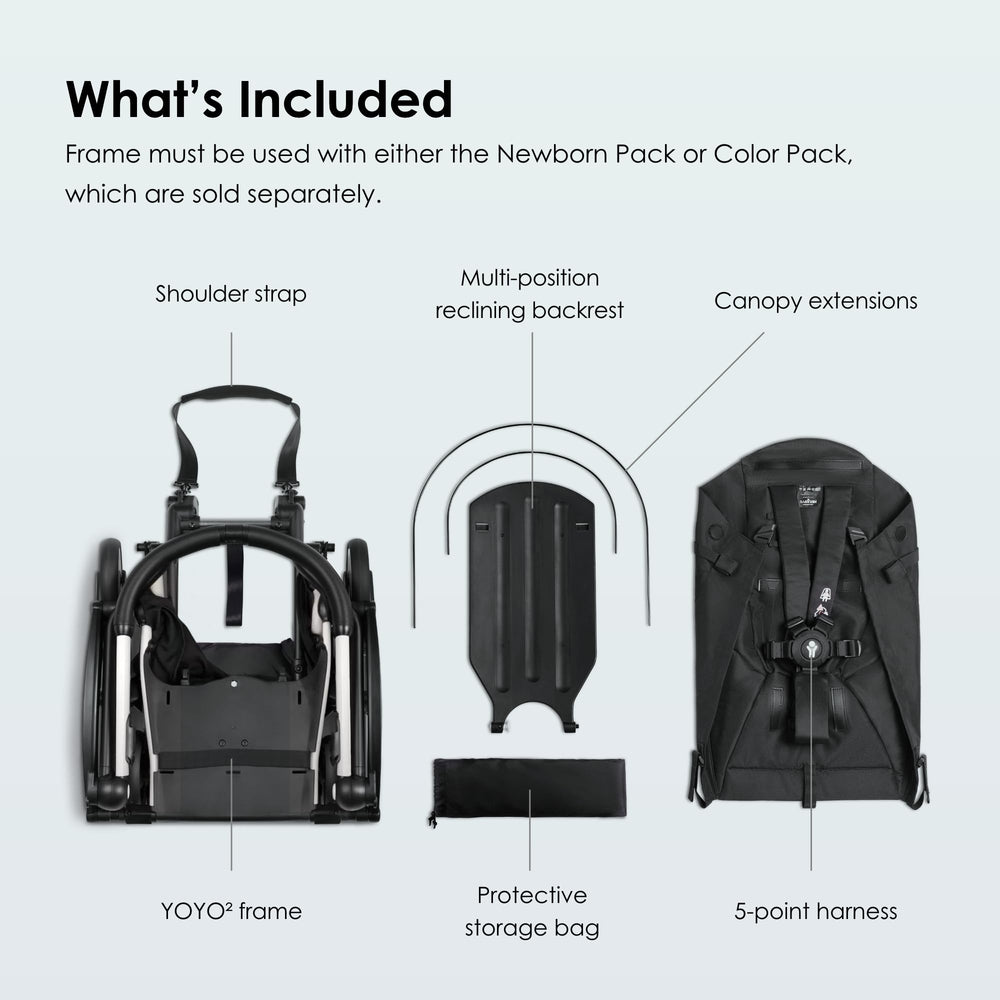 Babyzen YOYO2 frame close-up highlighting the five-point harness for secure travel