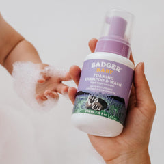 Badger bath time with lavender scent evokes soothing routine for infants.