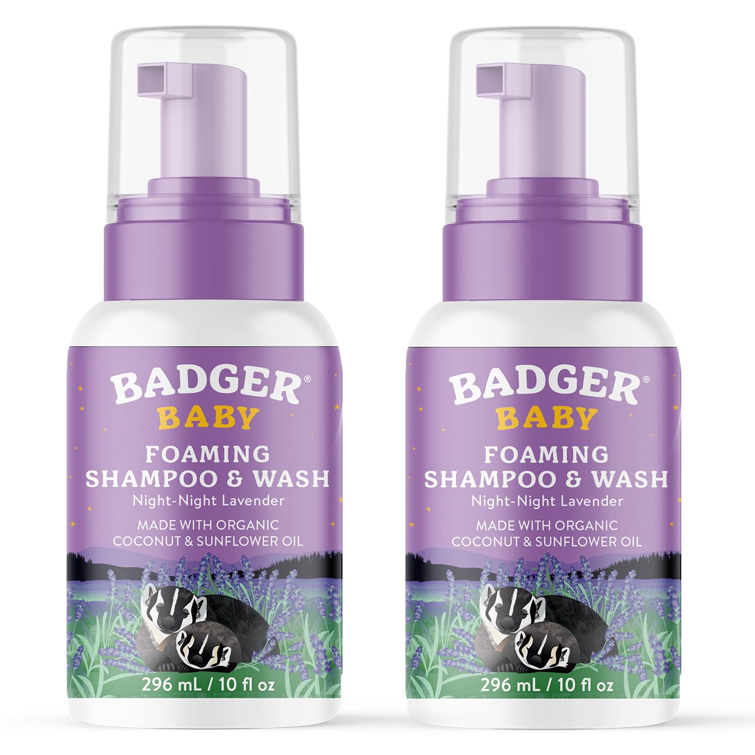 Badger Foaming Baby Shampoo bottle with lavender scent for gentle bath time bubbles.