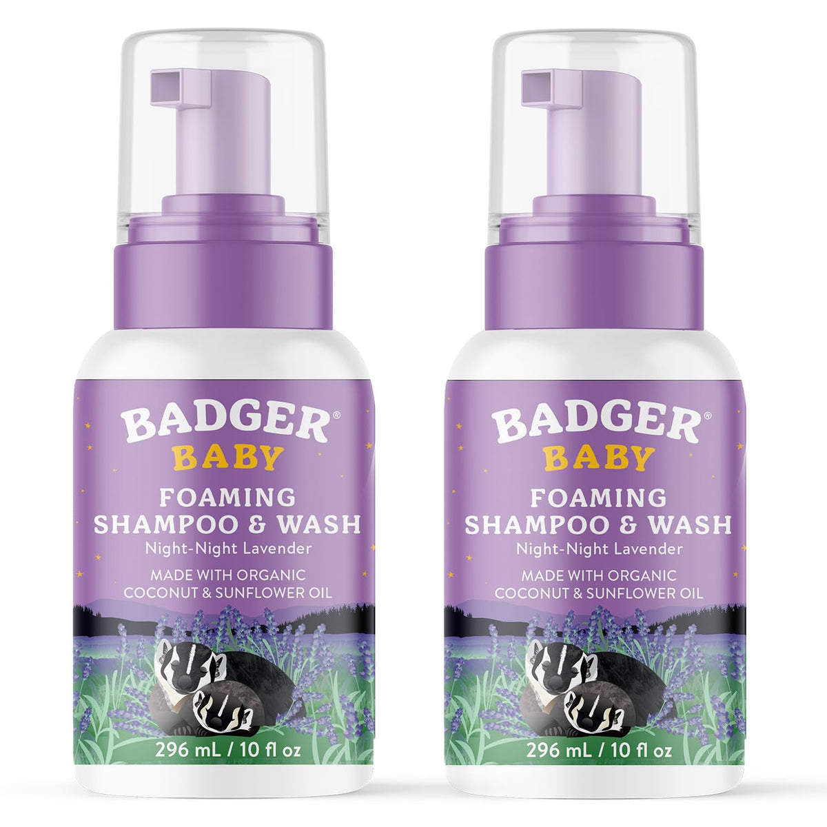 Badger Foaming Baby Shampoo bottle with lavender scent for gentle bath time bubbles.