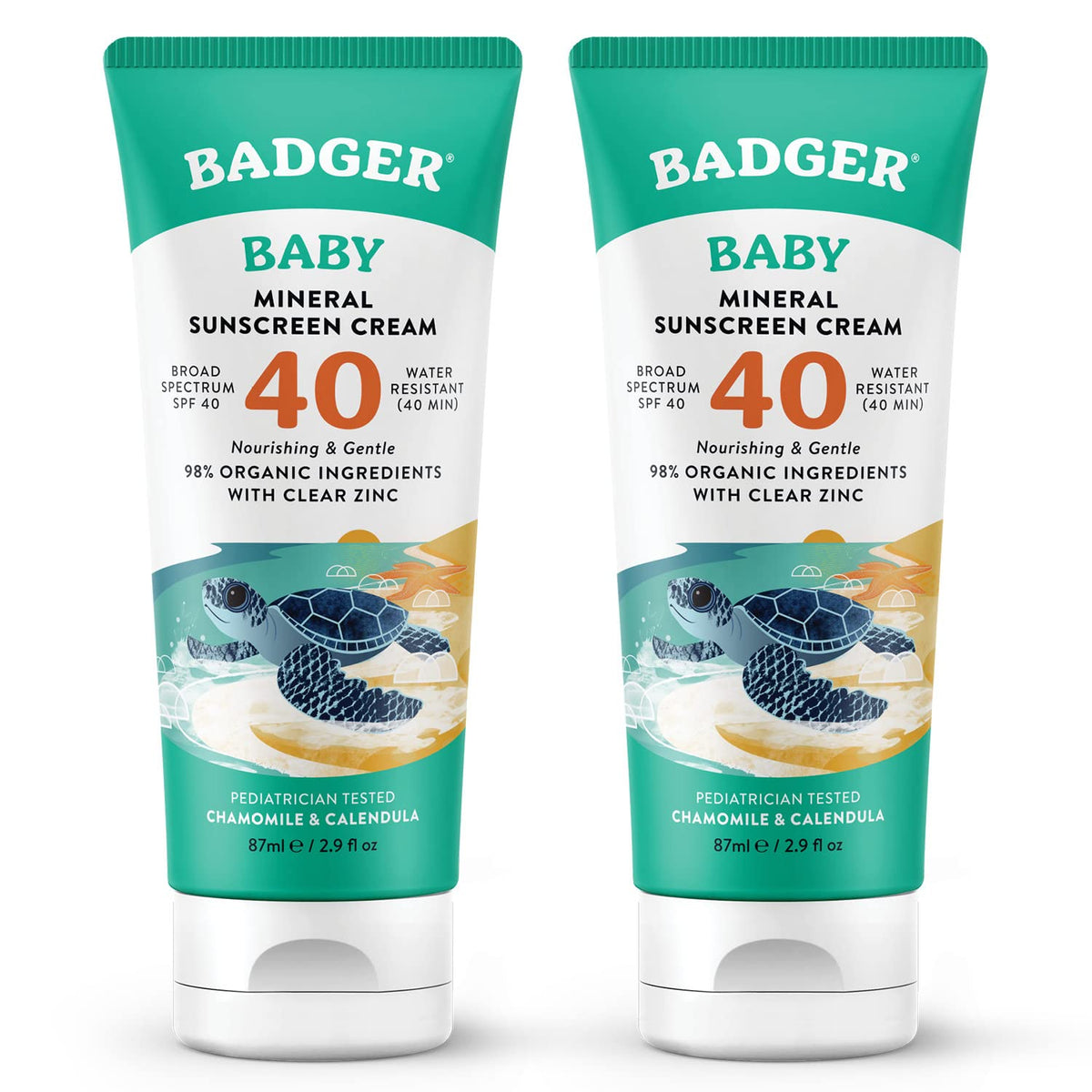 Badger Mineral Baby Sunscreen Cream tube—gentle mineral protection for sensitive baby skin.