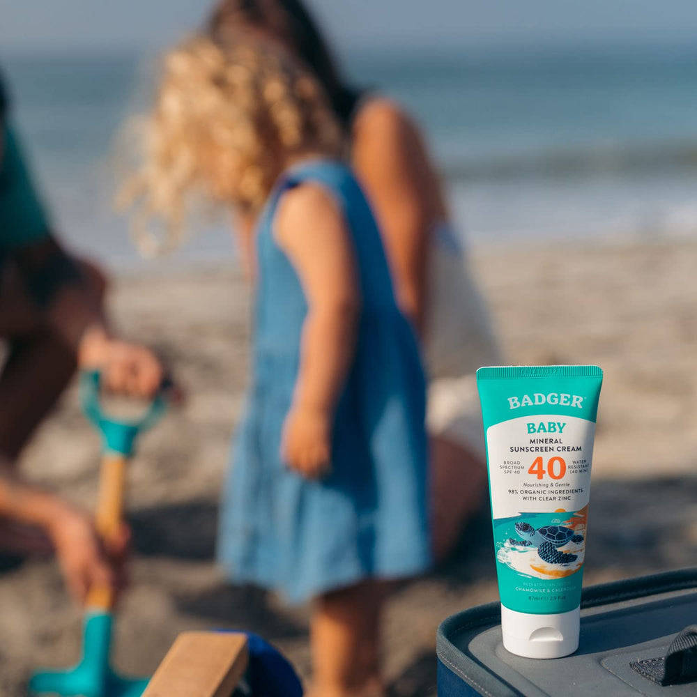 Badger Mineral Baby Sunscreen Cream water-resistant label—80 minutes of durable protection during play.
