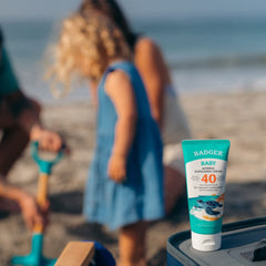 Badger Mineral Baby Sunscreen Cream water-resistant label—80 minutes of durable protection during play.