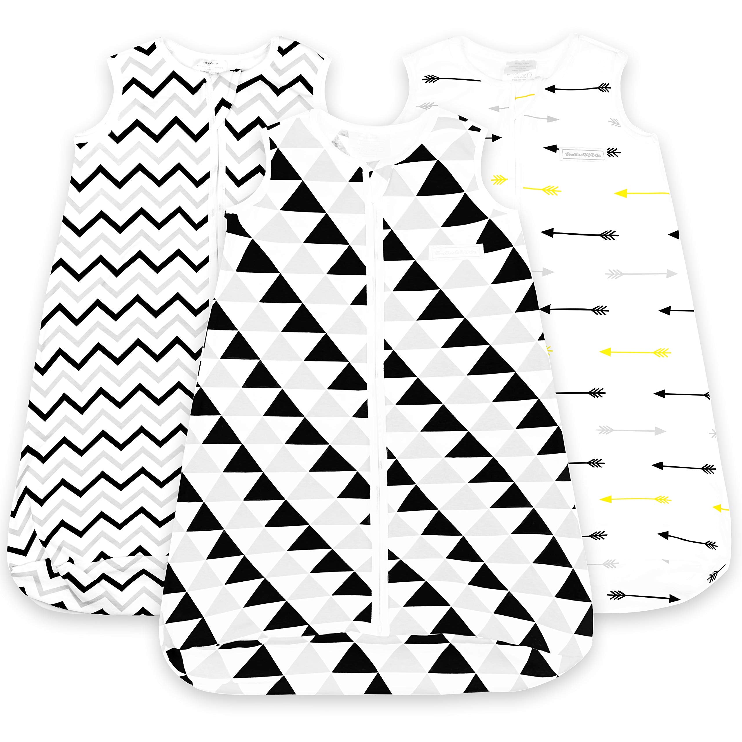 BaeBae Goods baby sleeping bag in black triangles offers cozy wearable warmth.