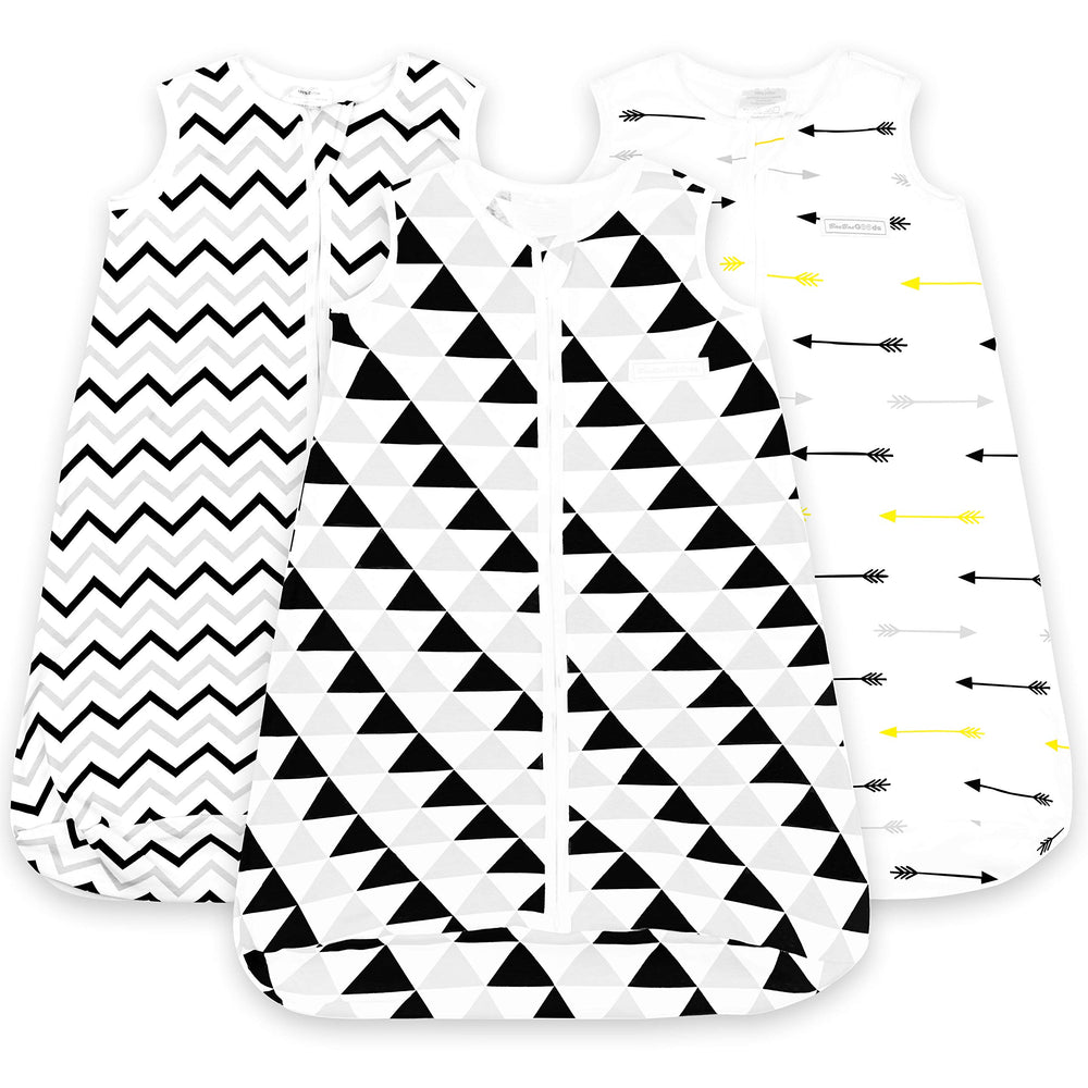 BaeBae Goods baby sleeping bag in black triangles offers cozy wearable warmth.