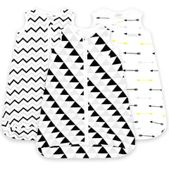 BaeBae Goods baby sleeping bag in black triangles offers cozy wearable warmth.