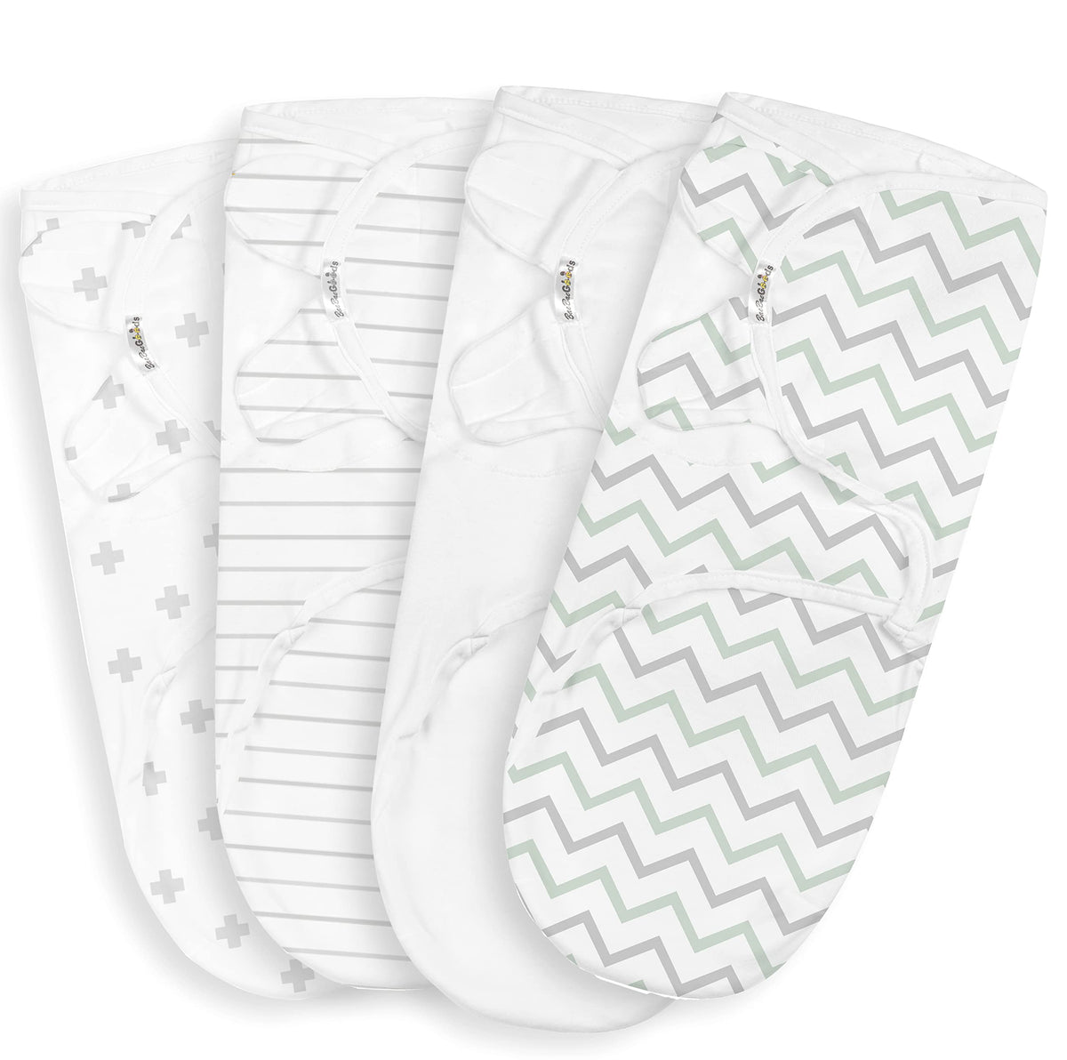 Baebae Goods swaddle four-pack in grey/green chevron laid flat for newborn comfort.