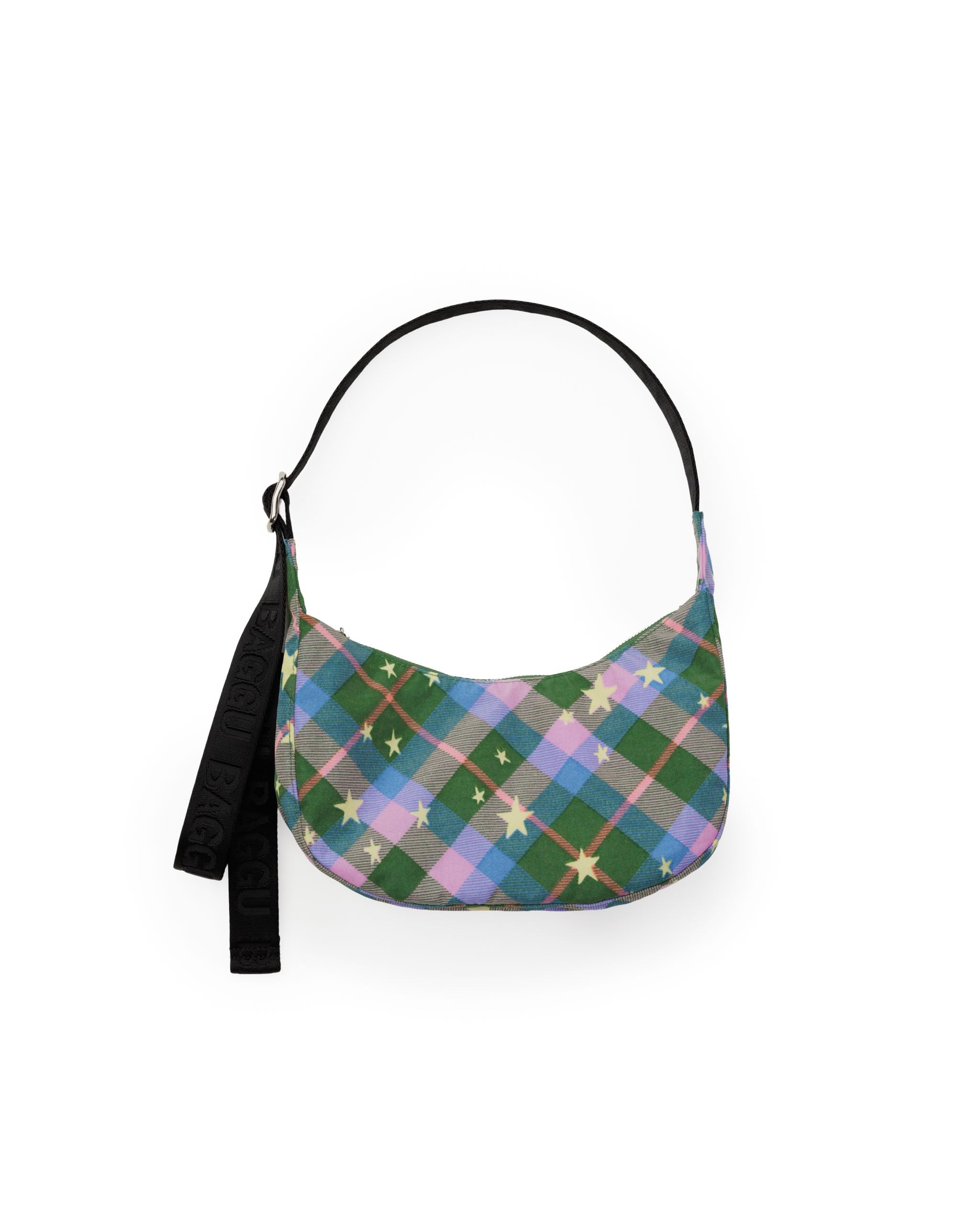 BAGGU Small Nylon Crescent Bag in Green Star Plaid front view for everyday carry and style.