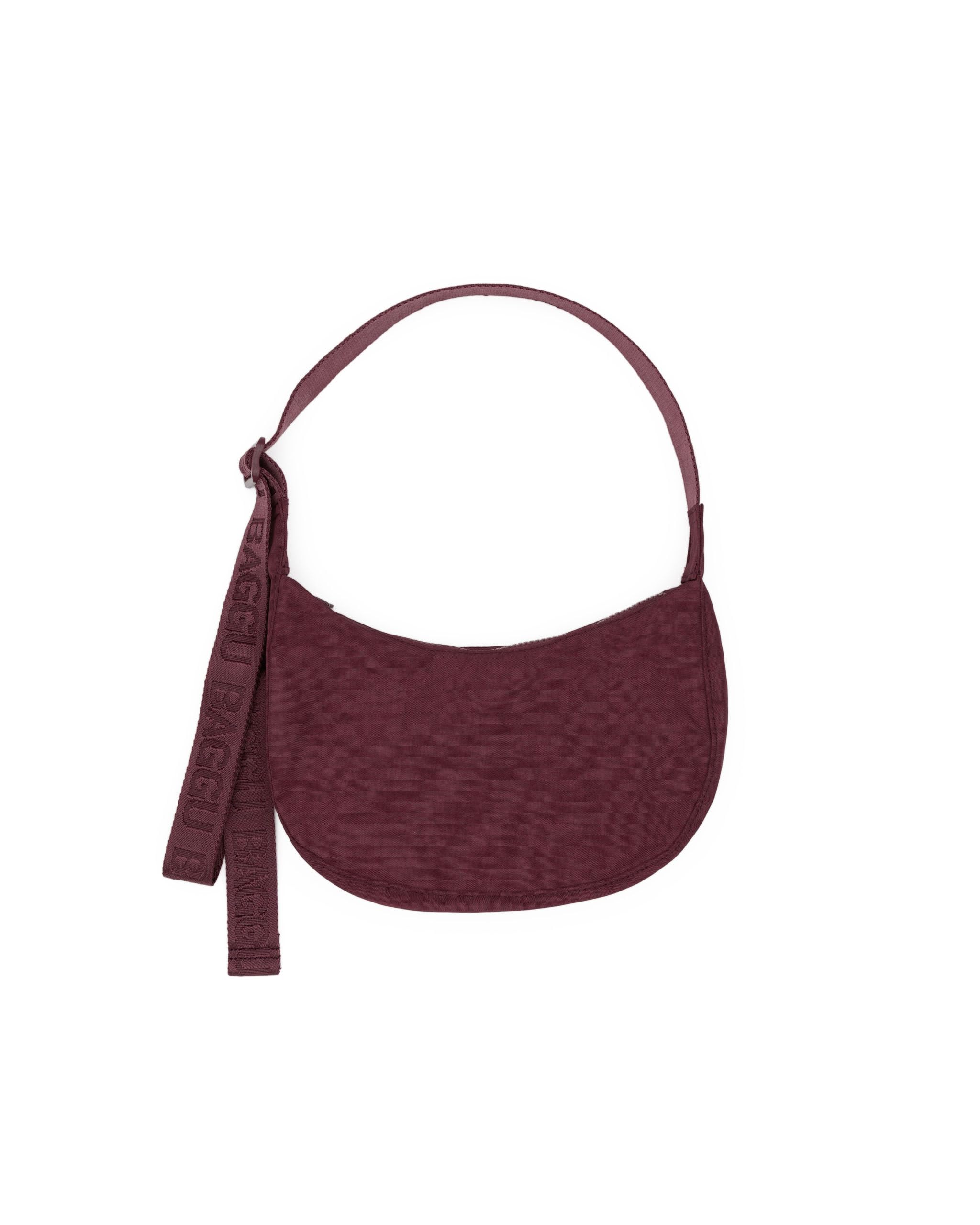 BAGGU Small Nylon Crescent Bag in mahogany, front view, ideal for everyday essentials on the go.
