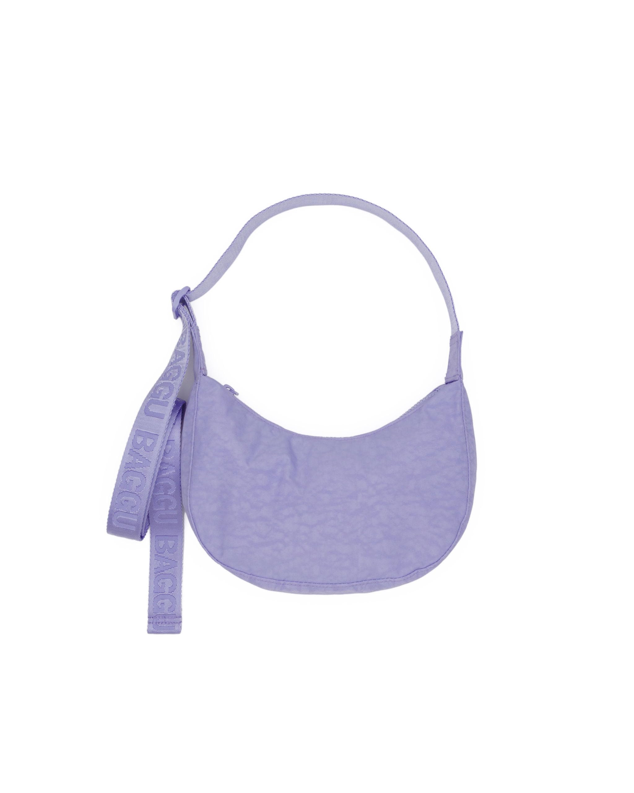 BAGGU Small Nylon Crescent Bag in Wisteria with adjustable strap on display