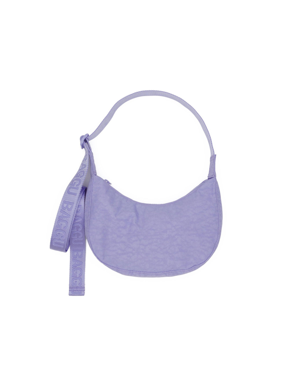 BAGGU Small Nylon Crescent Bag in Wisteria with adjustable strap on display