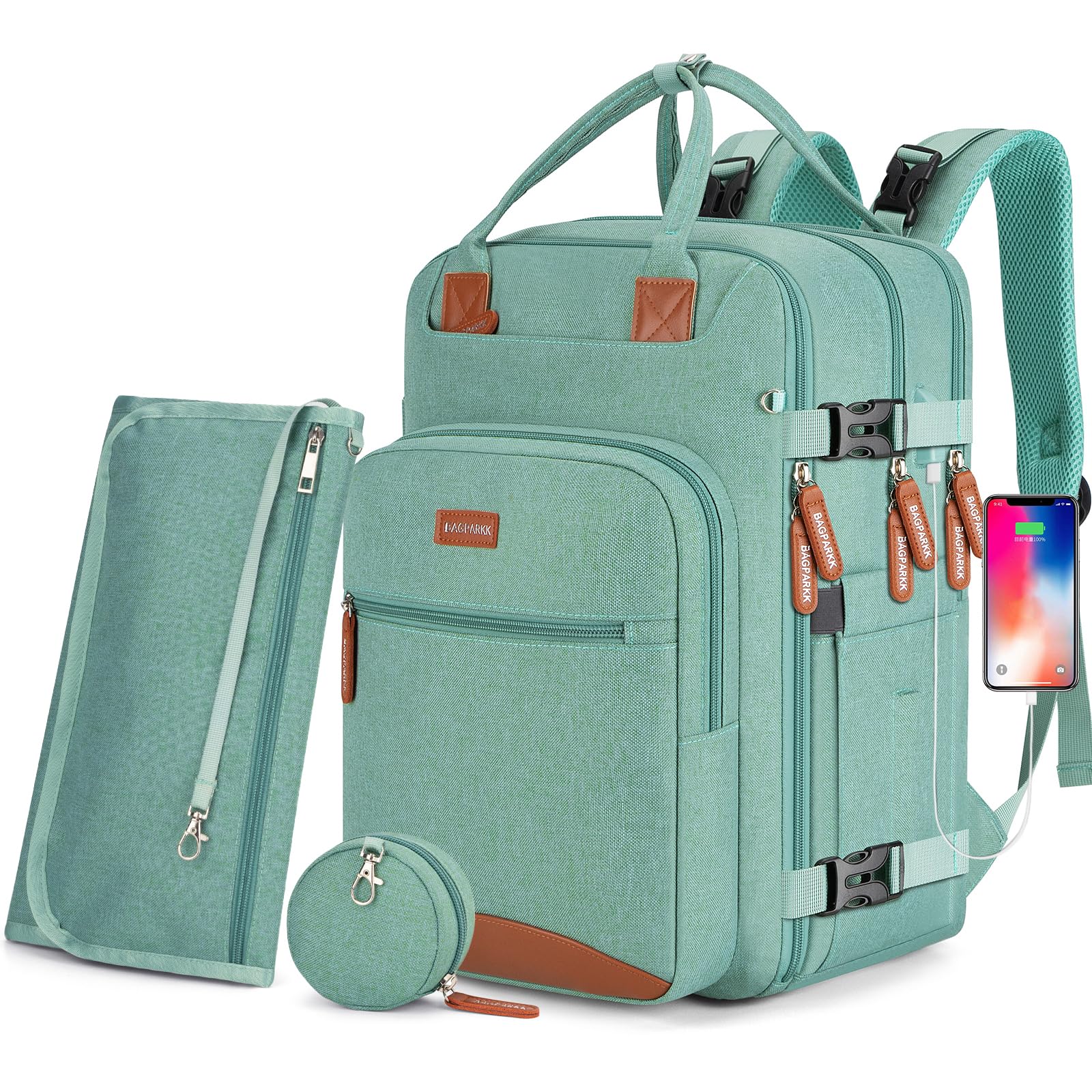 BAGPARKK diaper bag backpack green front view with spacious main compartment for baby essentials