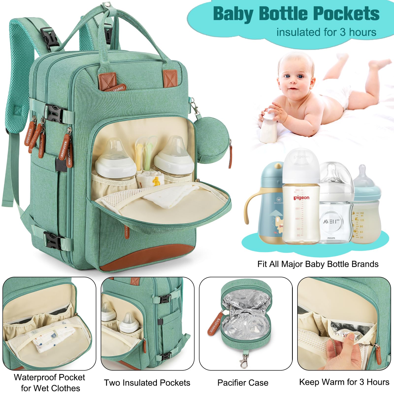 BAGPARKK diaper bag backpack green open main compartment organized storage