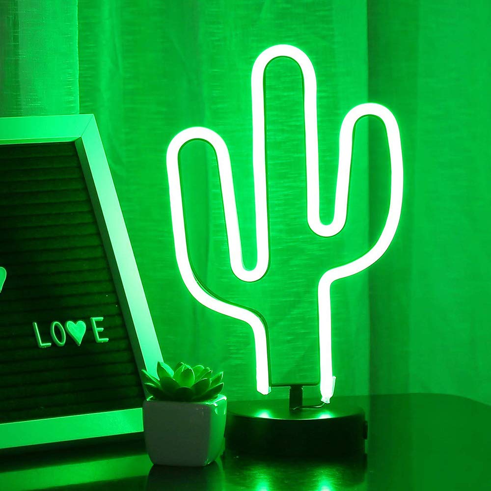 Bailey LED green cactus neon night light saves energy in a bedroom