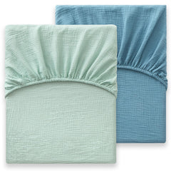 Bailix blue heavyweight muslin crib sheet offers breathable comfort for babies.