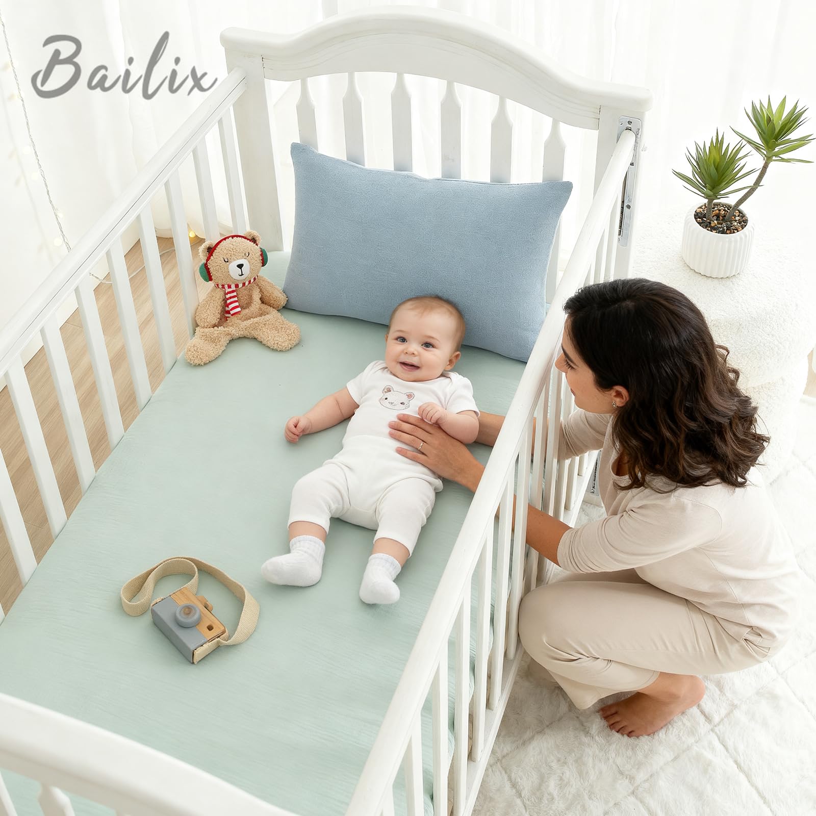 Bailix light-green crib sheet provides soft, hypoallergenic comfort for sensitive skin.