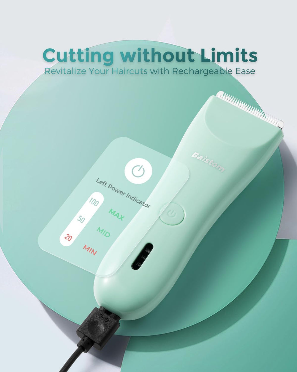 Baistom cordless USB rechargeable design for easy charging on the go.