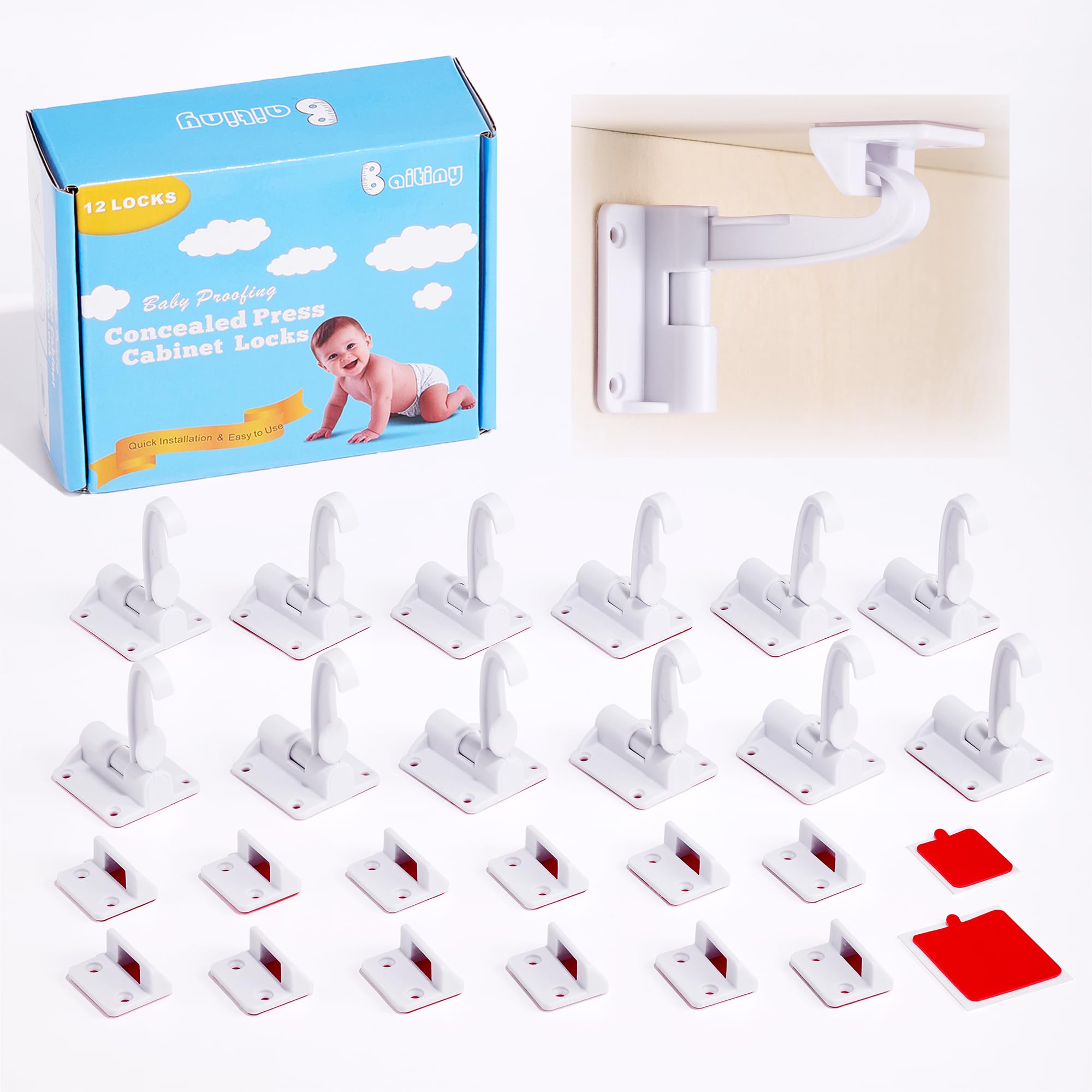 Baitiny invisible baby-proof cabinet latch in use for safe storage
