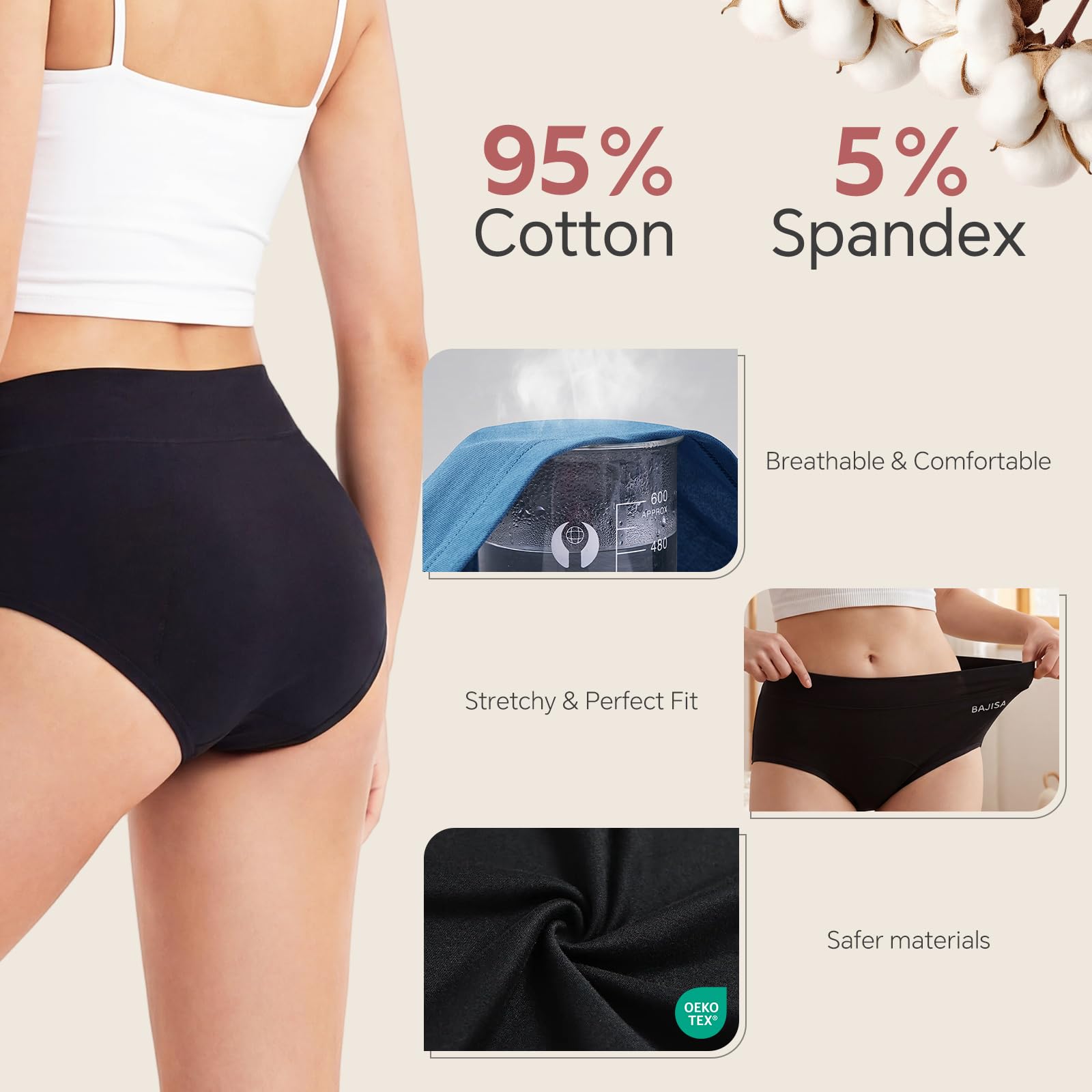 BAJISA 3-pack back view highlights full-coverage design for comfort while moving.