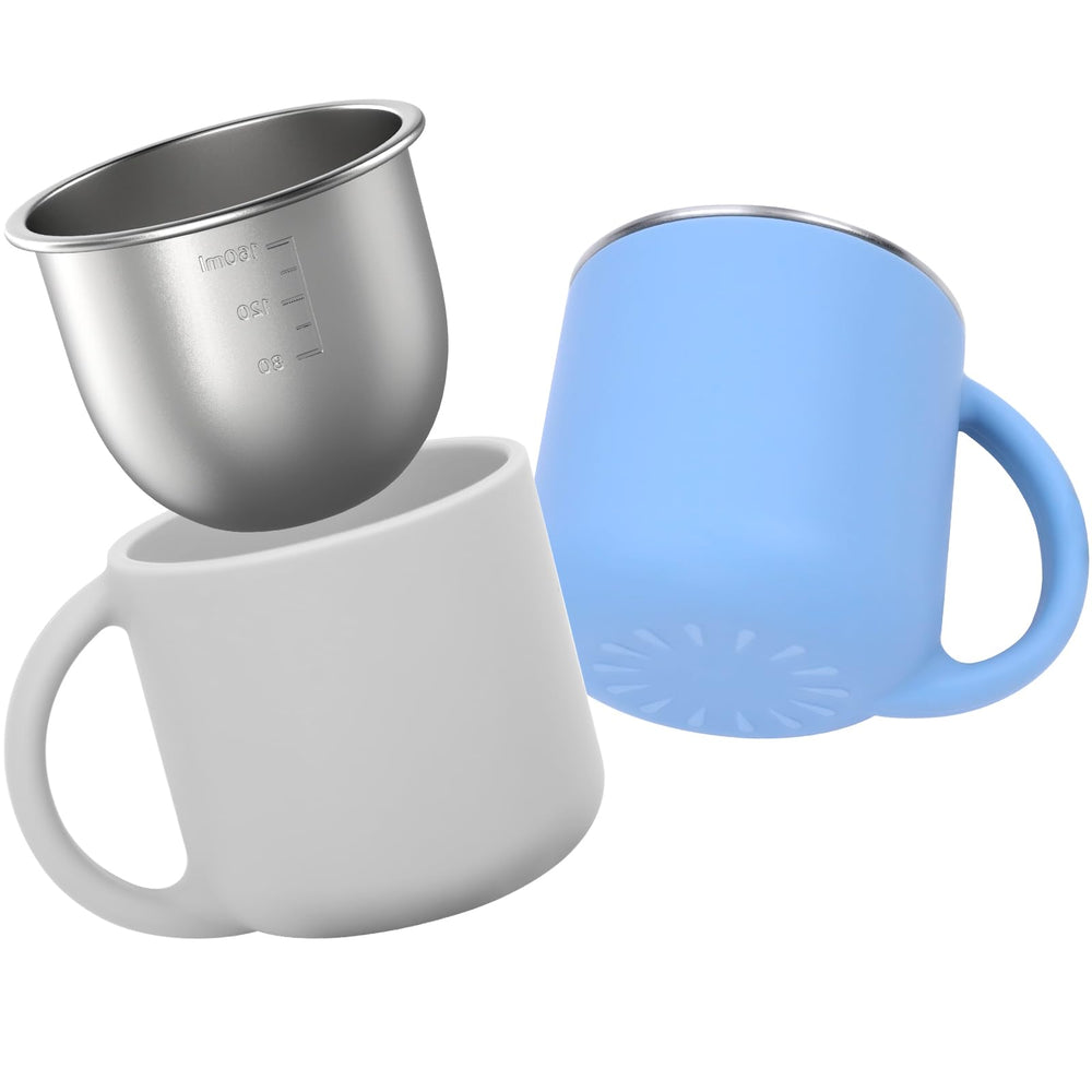 Bakpoco 2-in-1 open toddler cups with blue-gray stainless steel core for durable learning use