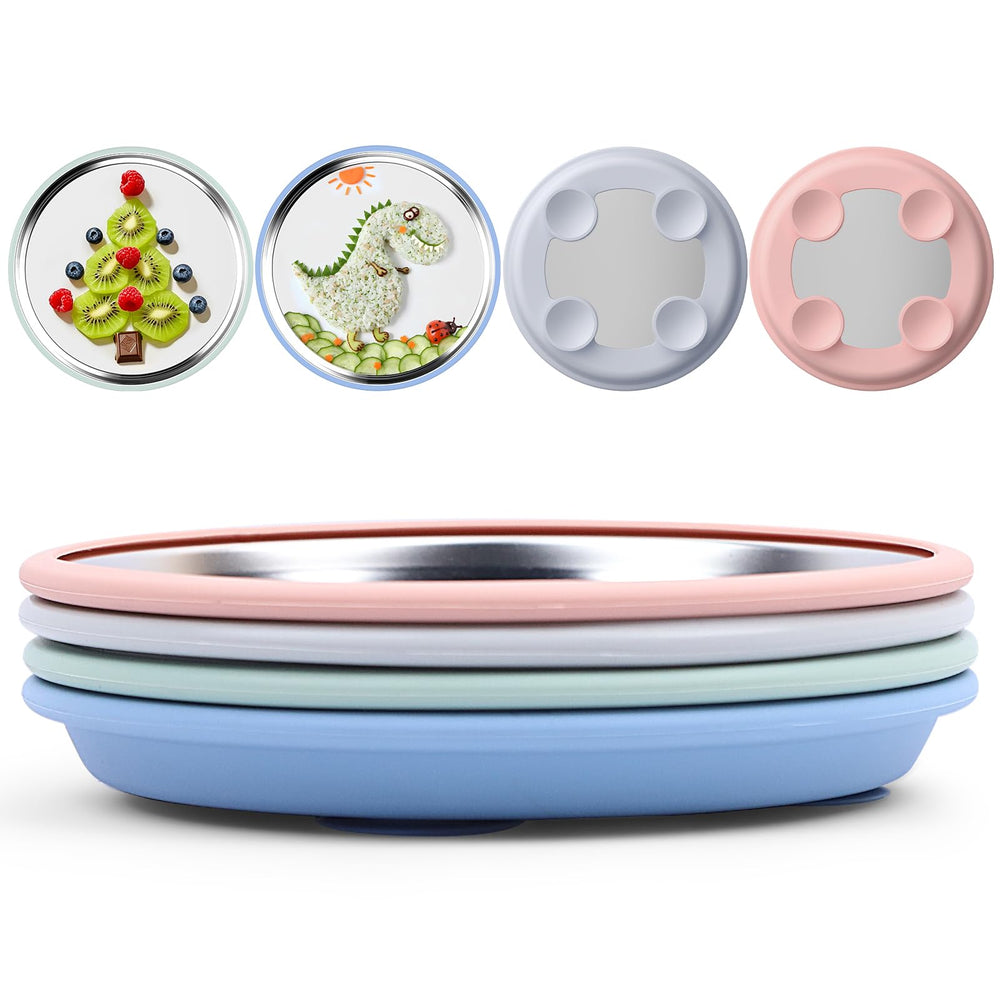 Bakpoco 8-inch stainless steel suction plate in sage helping mealtime stay neat on trays.