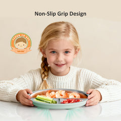 Bakpoco plate with four suction cups prevents spills during self-feeding