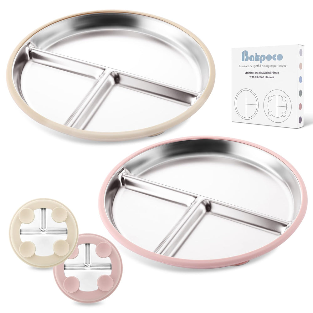 Bakpoco baby plate with suction base on a highchair tray for mess-free meals