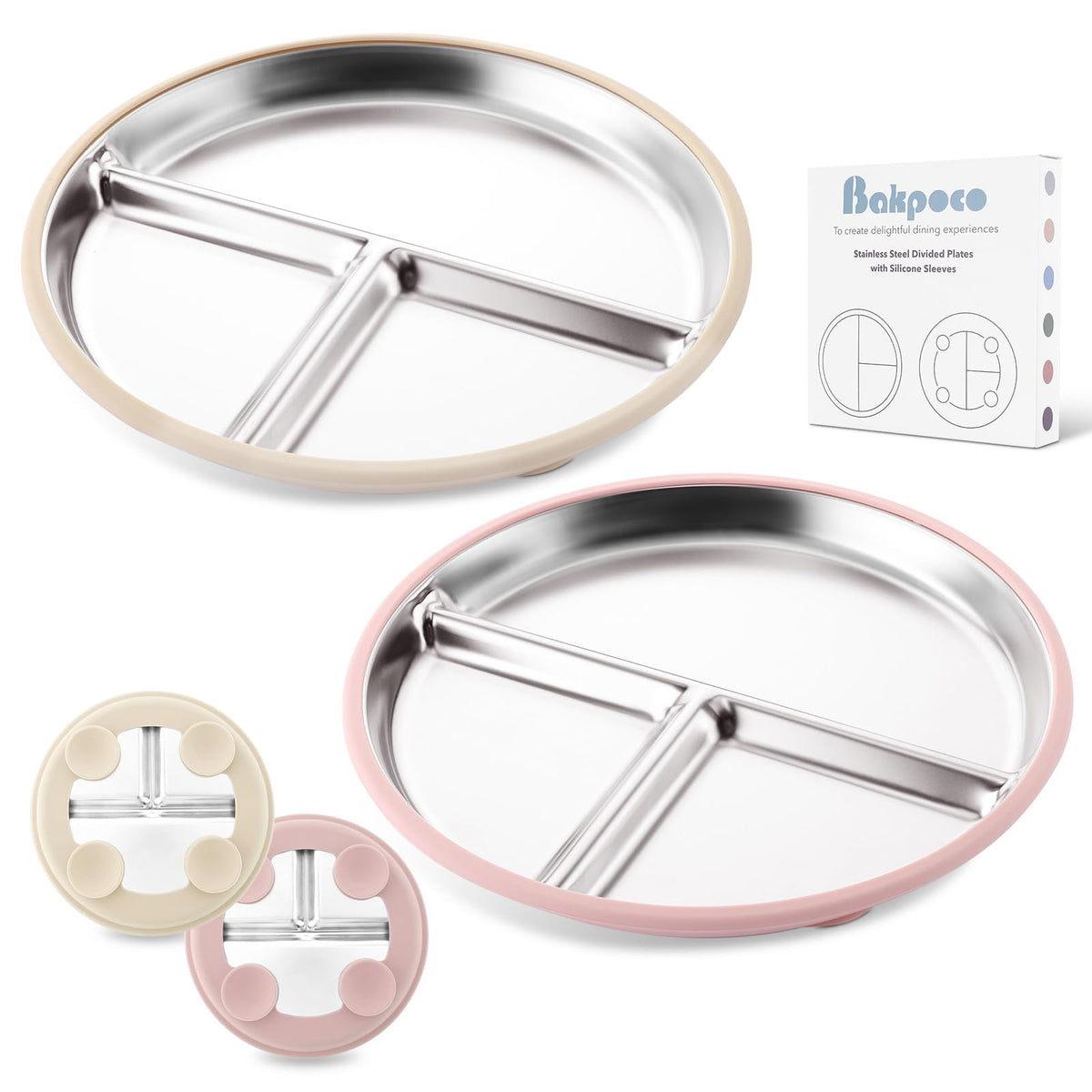 Bakpoco baby plate with suction base on a highchair tray for mess-free meals