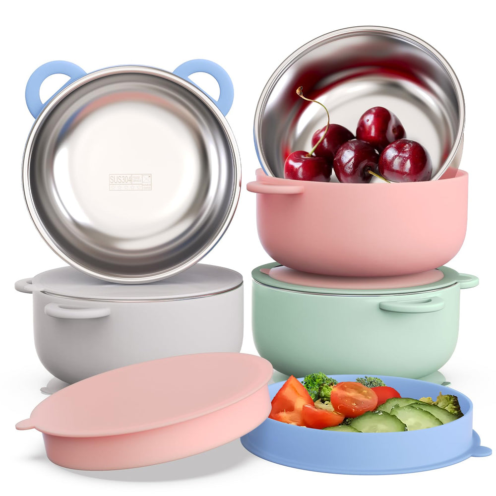 Bakpoco baby suction bowls with lids—4-pack for organized self-feeding meals.