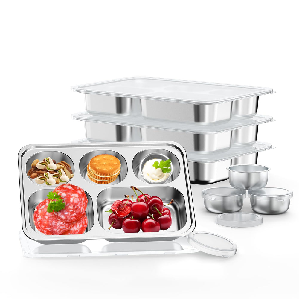 Bakpoco stainless steel divided plate for kids with 5 sections keeps meals organized.