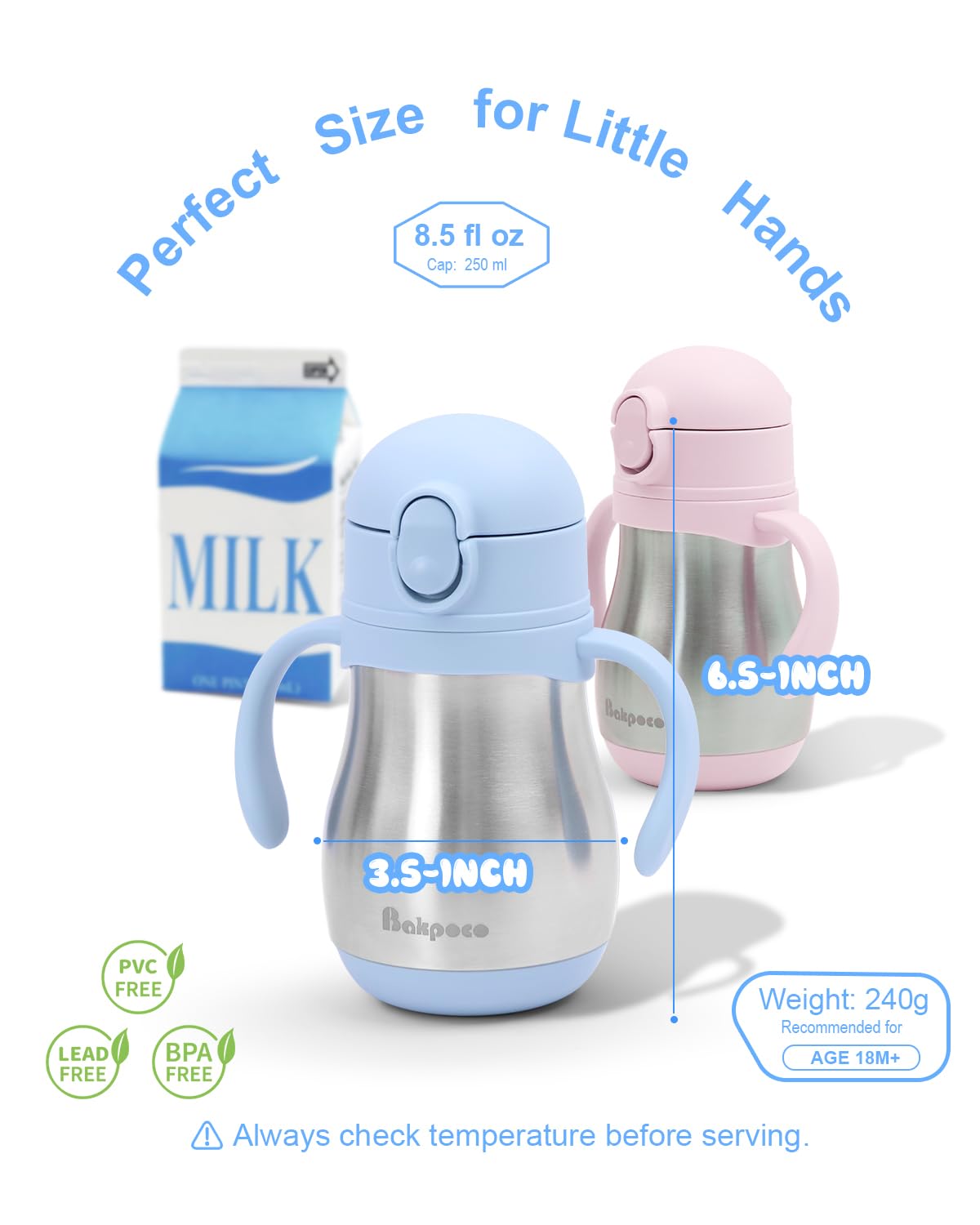 Bakpoco blue double-handles support easy grip for toddlers.