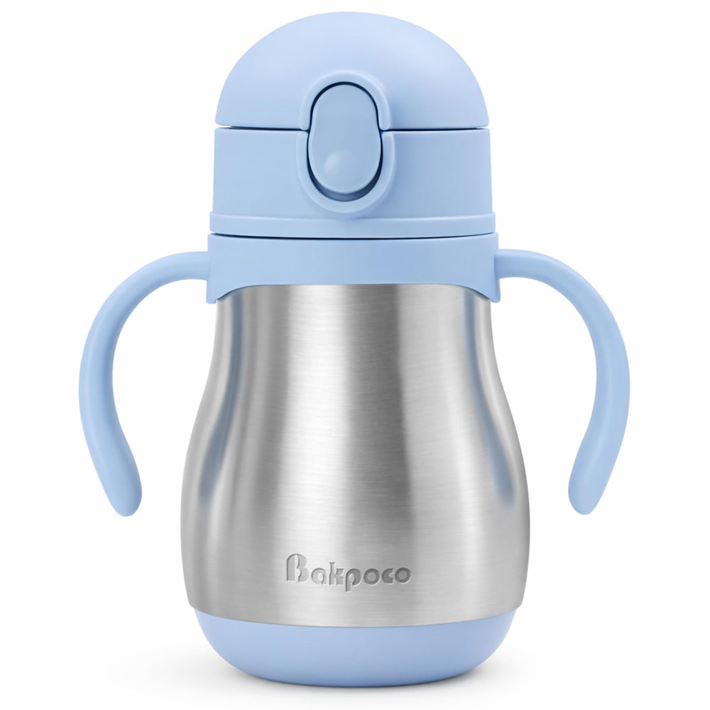 Bakpoco blue front-view stainless steel sippy cup keeps drinks cold on the go.