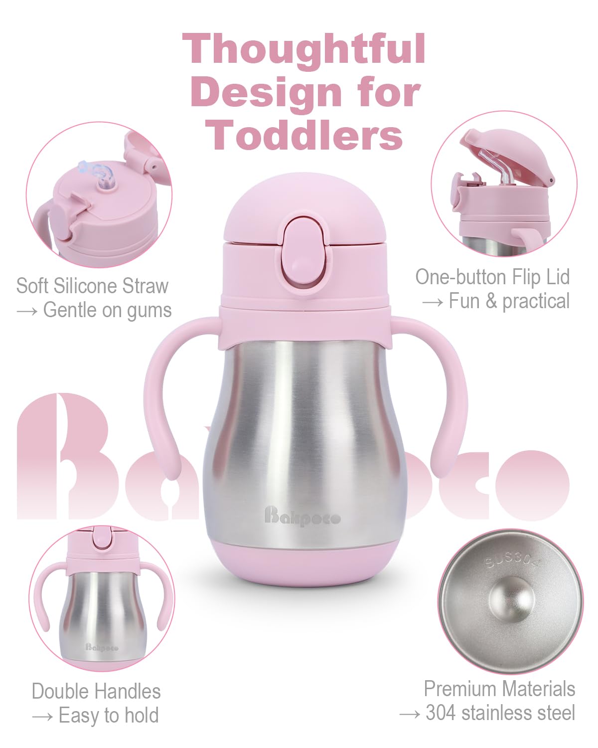 Double handles help toddlers gain motor skills and independence with every sip