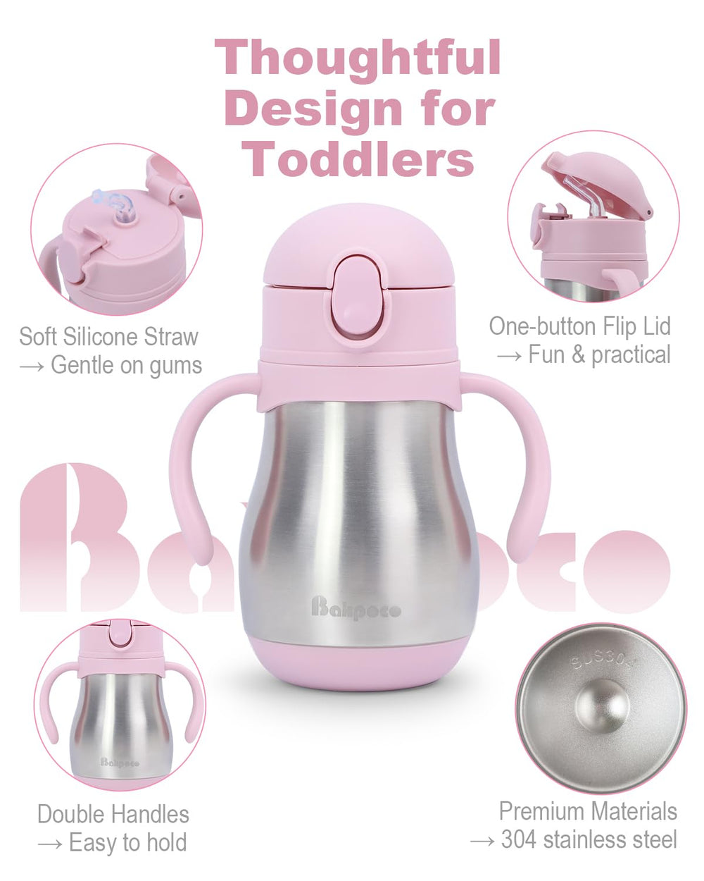 Double handles help toddlers gain motor skills and independence with every sip