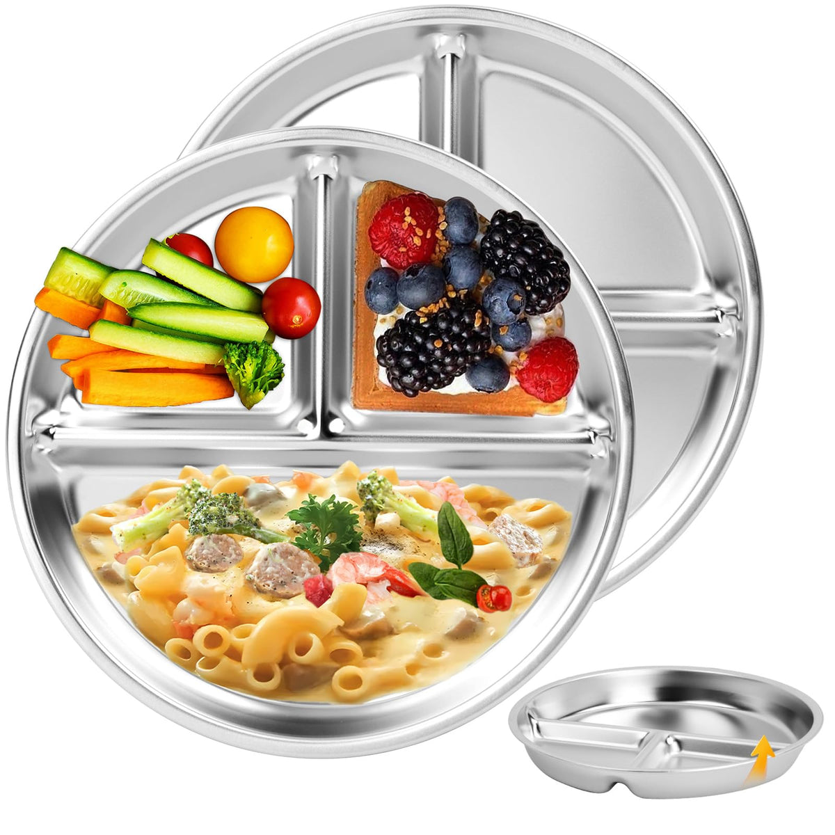Bakpoco stainless steel kids plates with deepened 9-inch section, ideal for balanced meals.