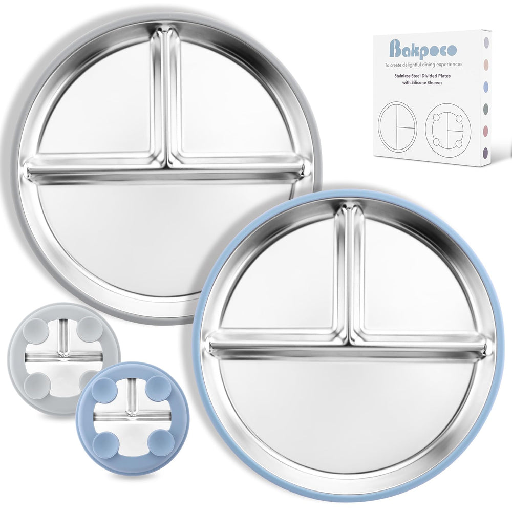 Bakpoco suction-base toddler plate in blue securely grips tray for mess-free self-feeding.
