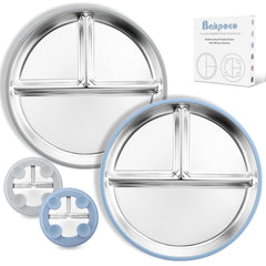 Bakpoco suction-base toddler plate in blue securely grips tray for mess-free self-feeding.