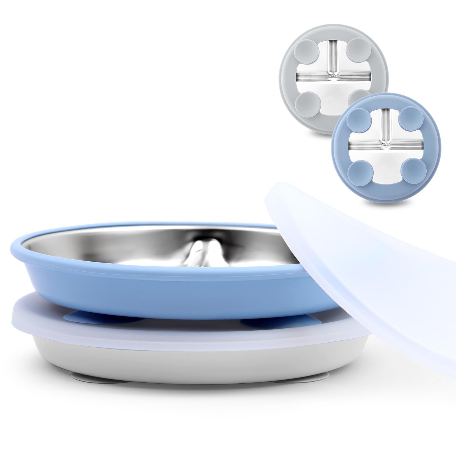 Bakpoco suction plate with lid in blue-gray keeps meals in place on trays.