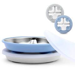 Bakpoco suction plate with lid in blue-gray keeps meals in place on trays.