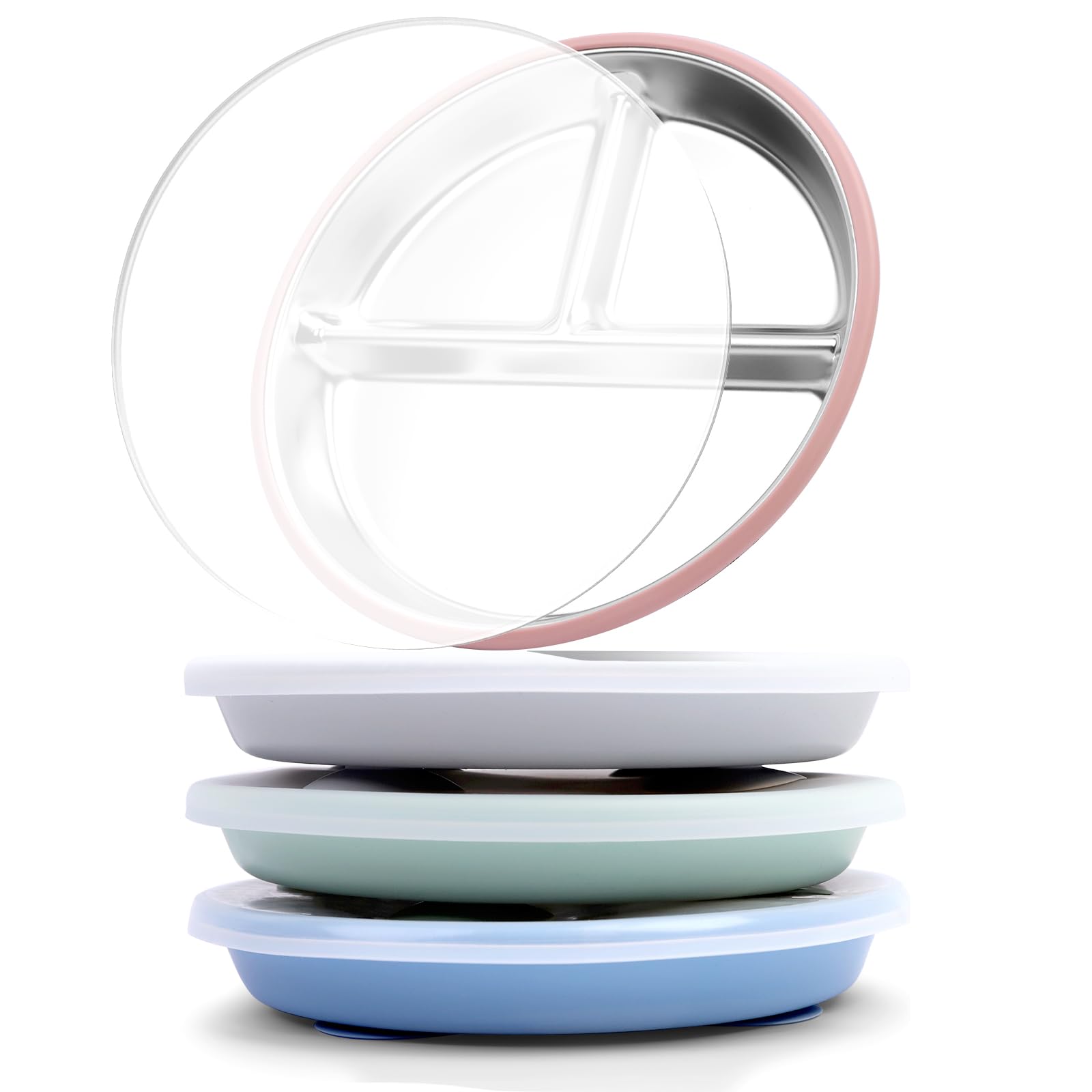 Bakpoco stainless steel toddler suction plate with lid on a tray, spill-reducing design.