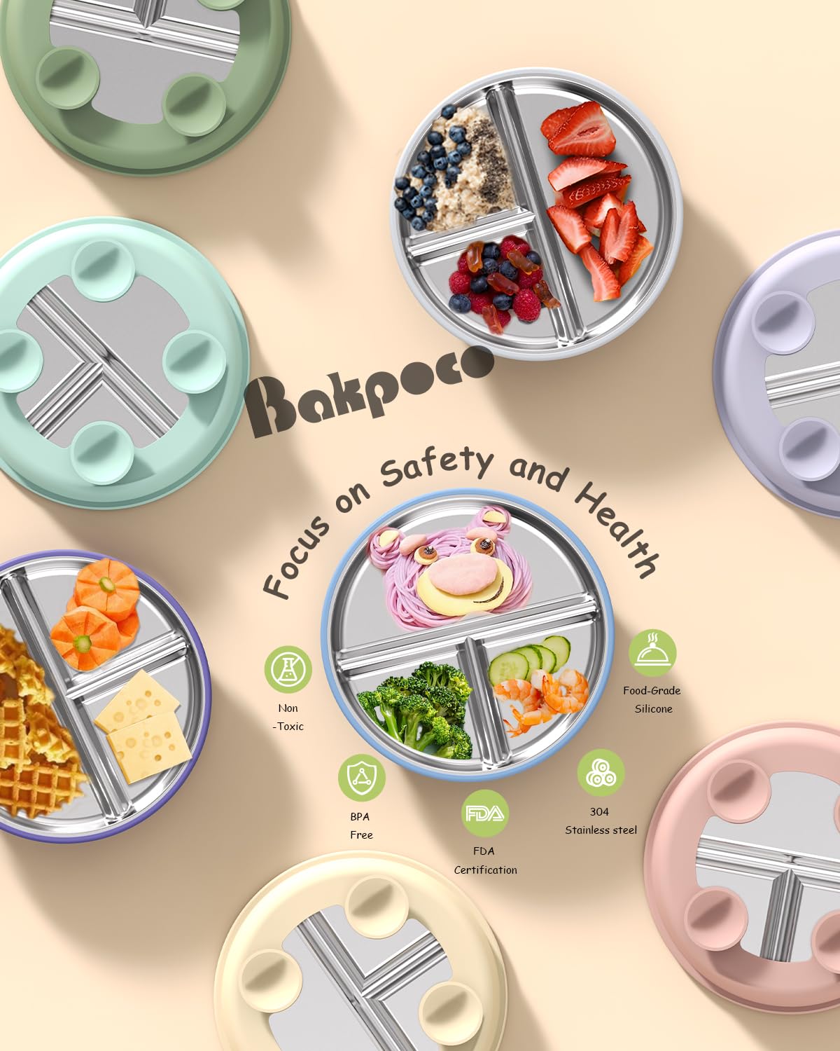 Bakpoco three-section plate design encourages variety without mixing.