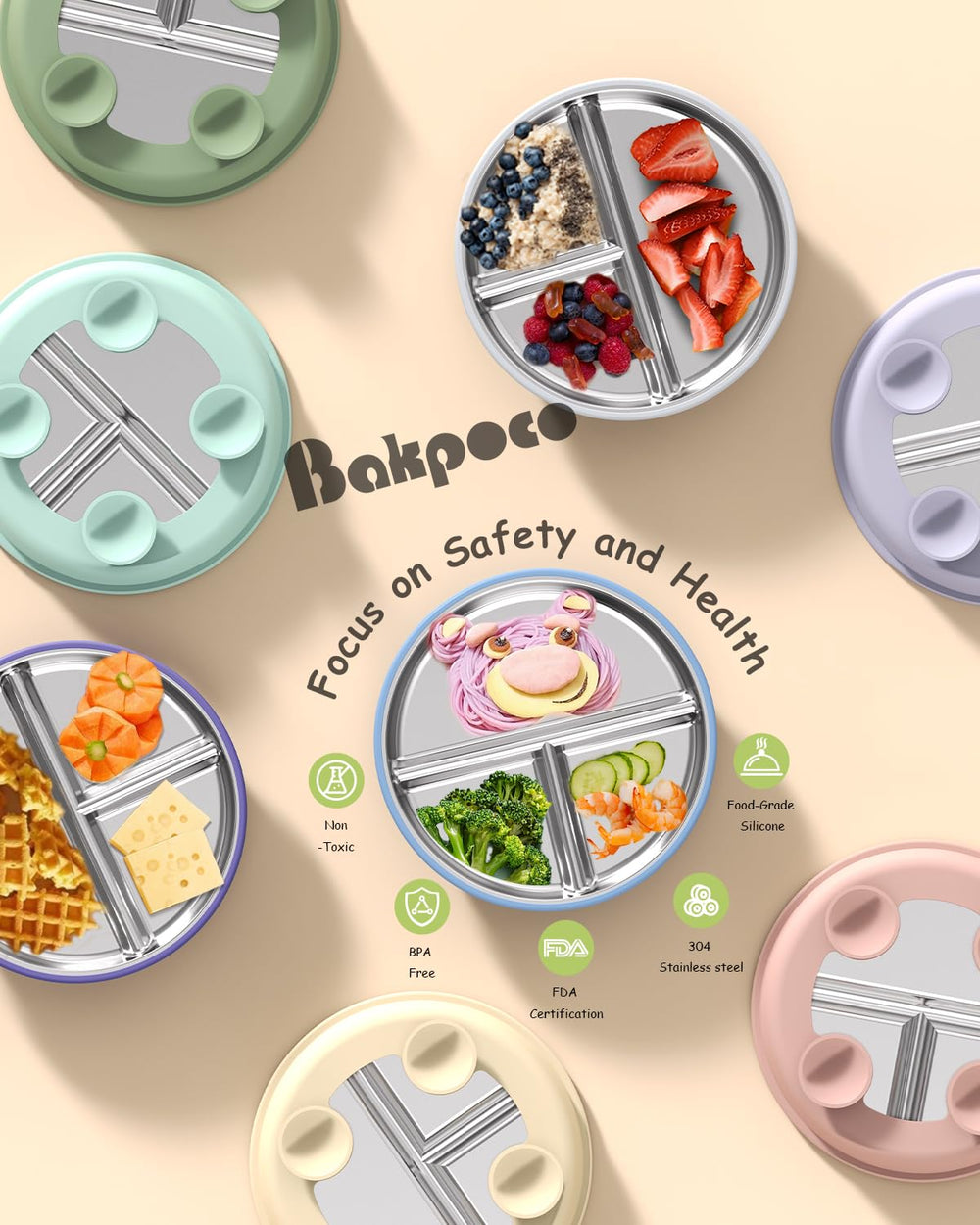 Bakpoco three-section plate design encourages variety without mixing.