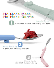 Bakpoco toddler utensils feature a bear-rest to keep tips lifted from the table.