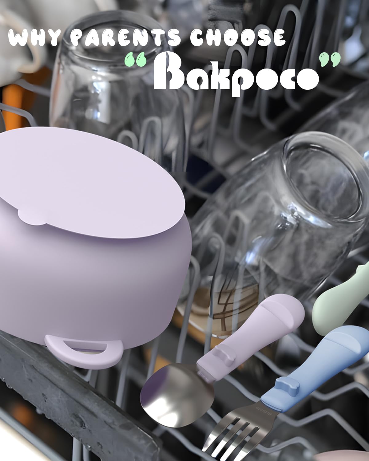 Bakpoco slim silicone handles support self-feeding milestones with comfortable grip.