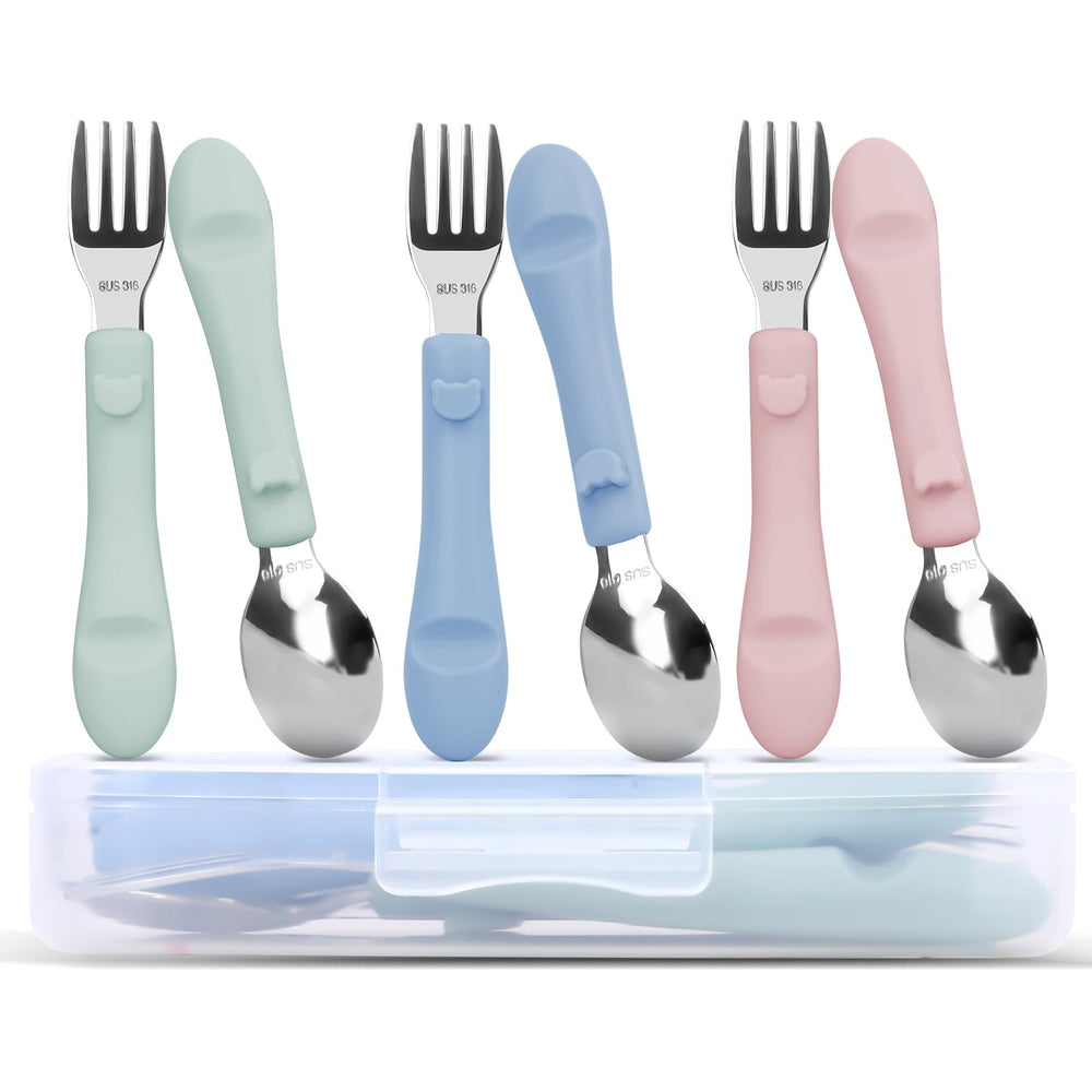Bakpoco toddler utensils with silicone handles offer secure grip for little hands during meals.