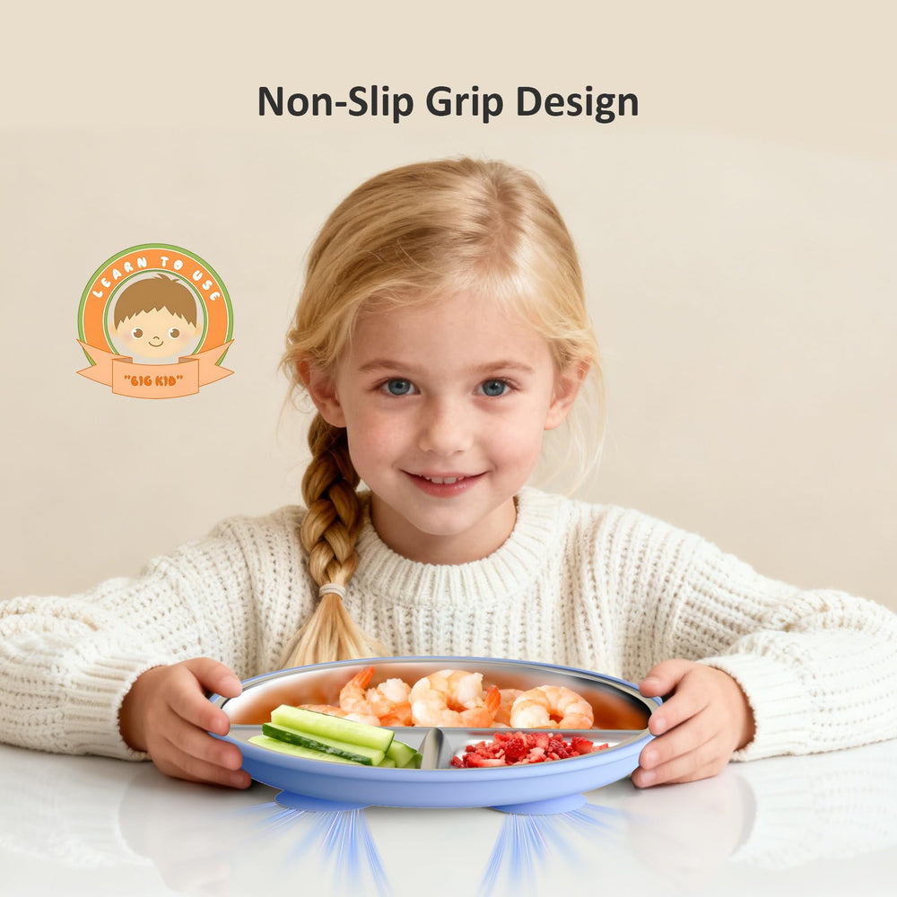 Bakpoco unbreakable stainless steel plate designed for durability with active toddlers.