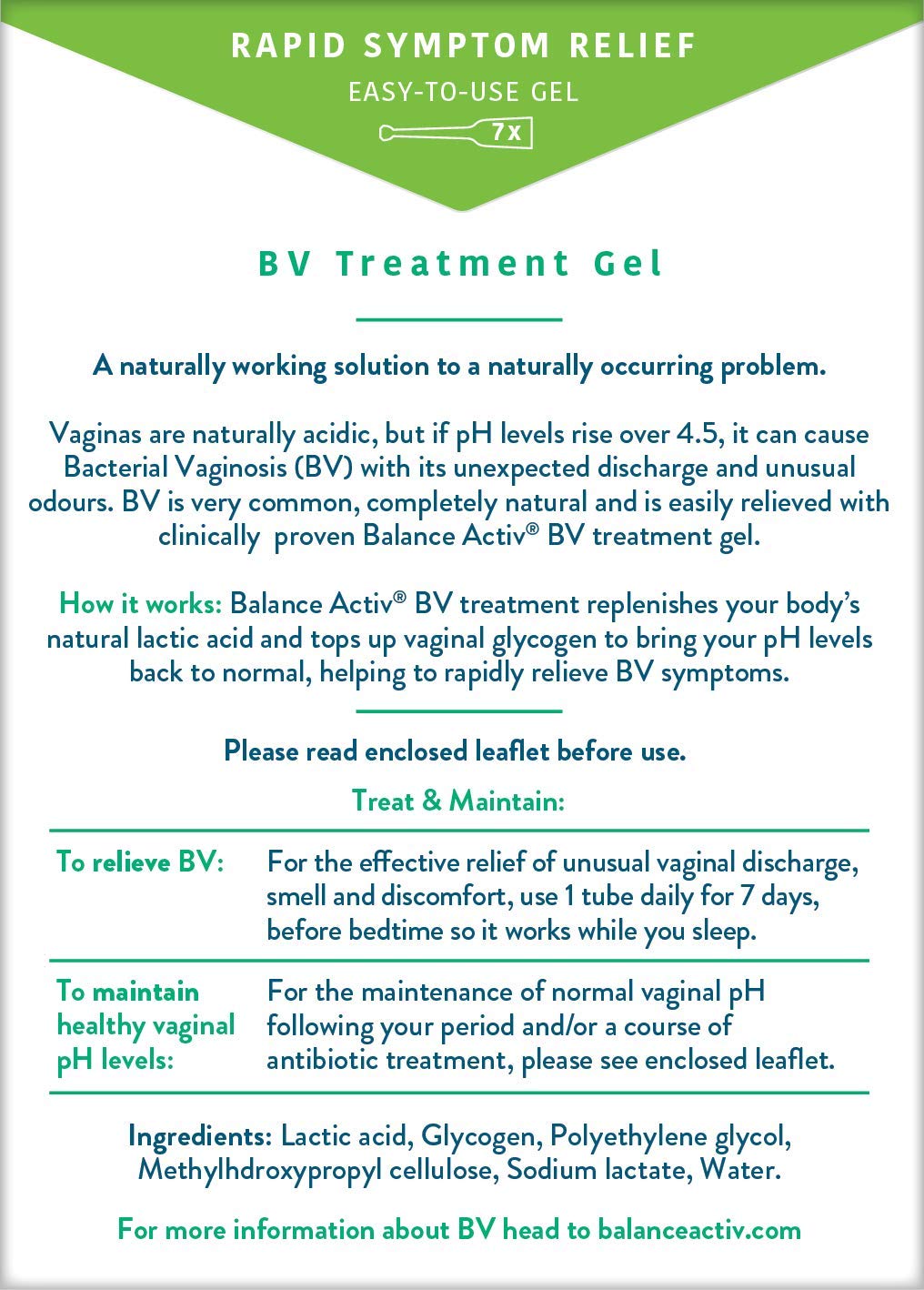 Balance Activ BV Gel packaging highlights lactic acid and glycogen for healthy balance.