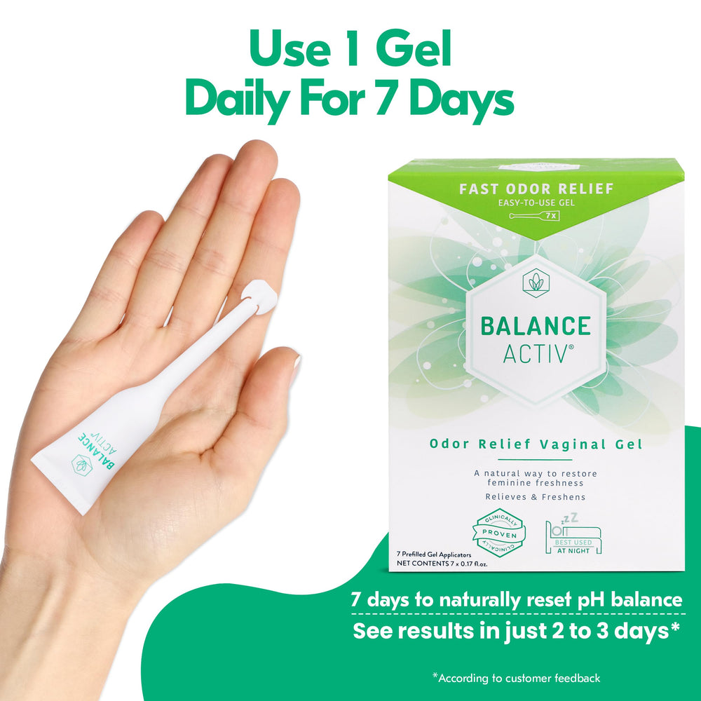 Balance Activ Odor Relief bottle close-up reveals smooth gel texture.